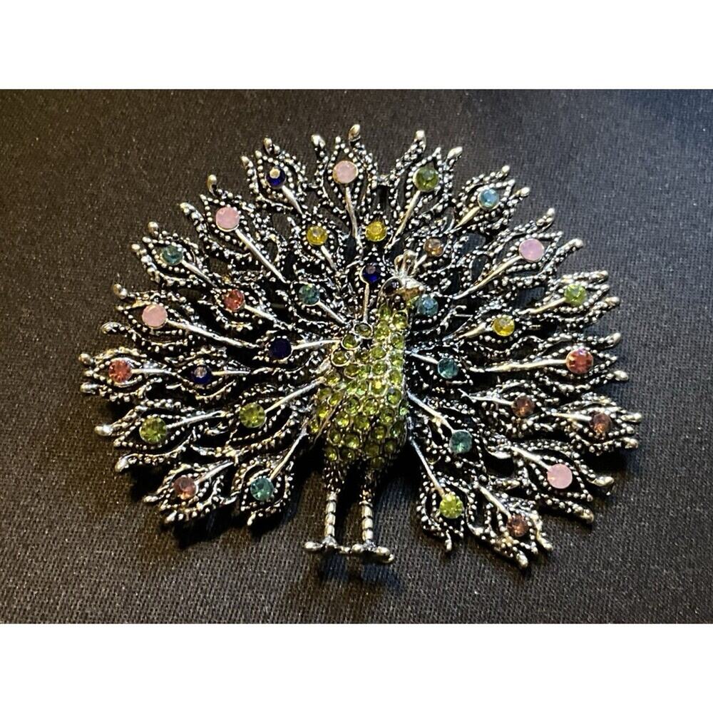 Large Rhinestone Peacock Brooch